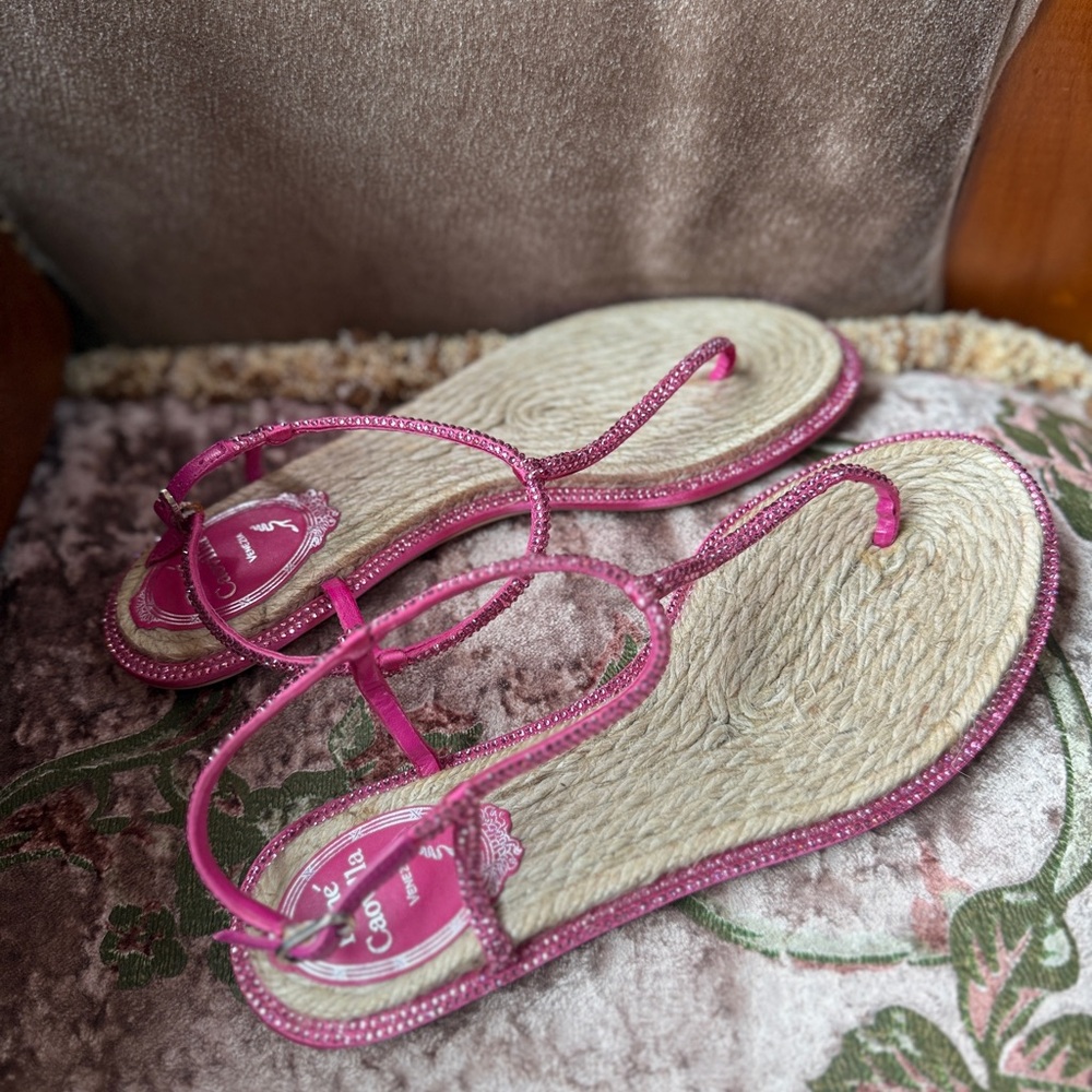 Rene Caovilla Pink and Cream Braided Sandals